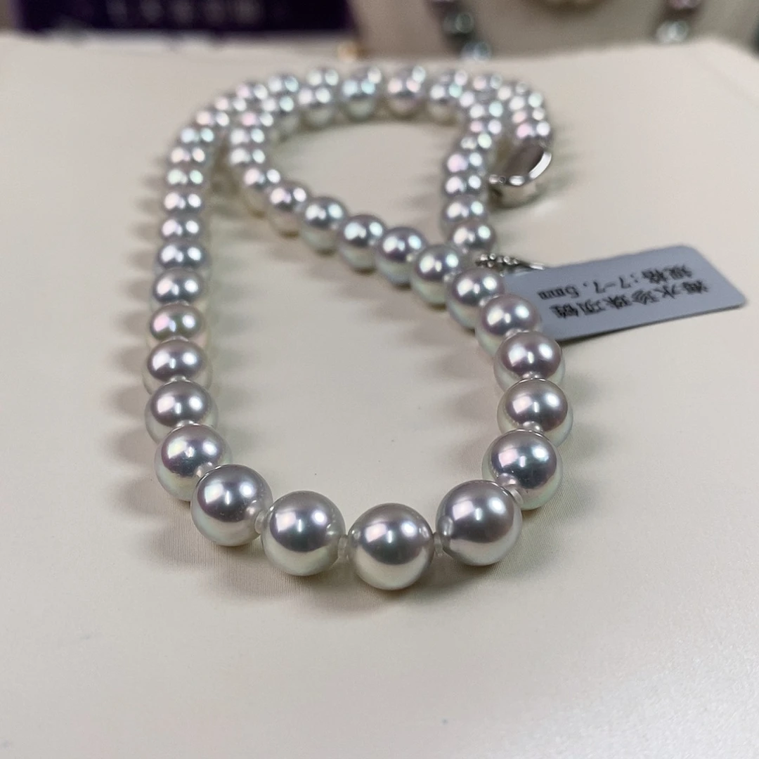 海水珍珠项链银S925镶嵌7-7.5m日本海水珍珠项链（无调色）