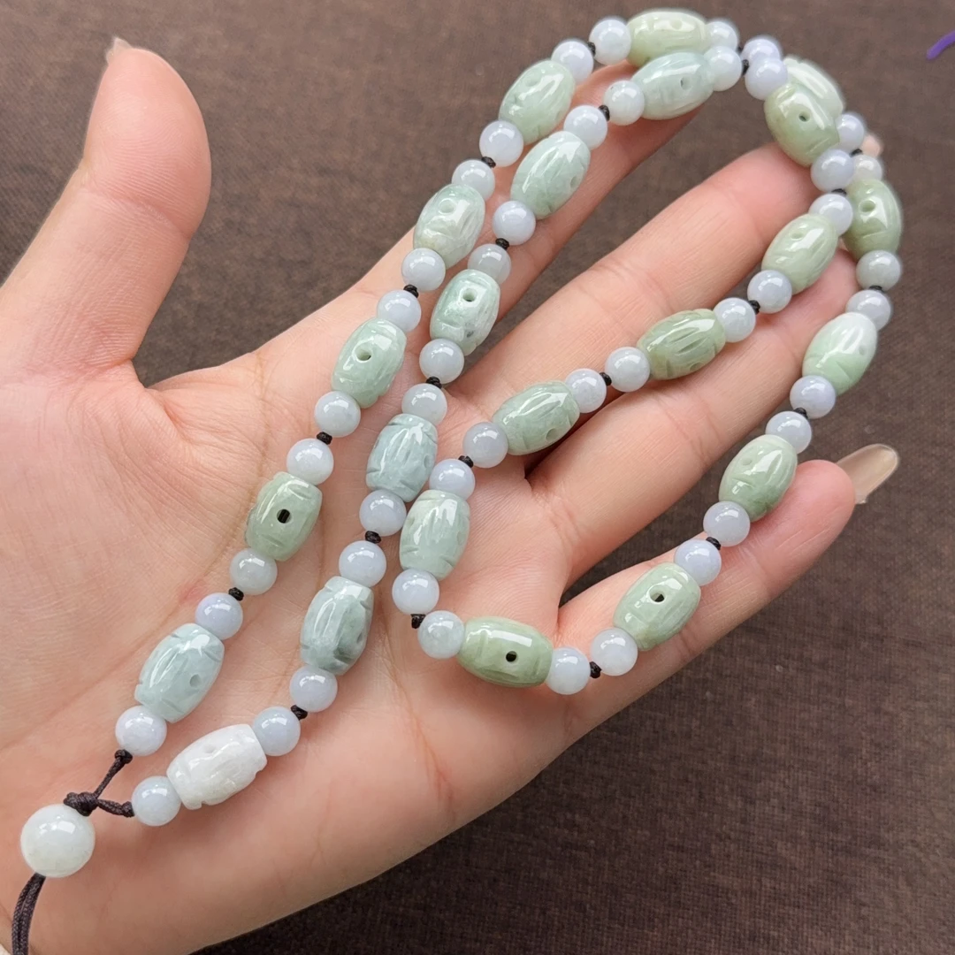 缅甸翡翠a货飘花路路通卡9.8mm玉石珠链项链玉坠挂绳保真百搭
