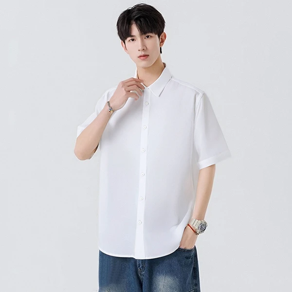 罗蒙男士衬衫简约百搭衬衫短袖上衣时尚翻领男士衬衫短袖6E222055