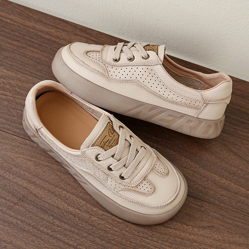 头层牛皮浅口镂空夏季复古鞋防滑软底百搭休闲擦色手工小白女单鞋