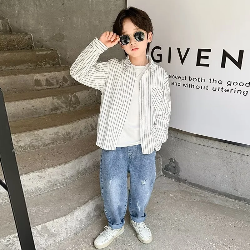 男童长袖衬衫经典条纹薄款宽松百搭中大童外穿翻领衬衣洋气百搭潮