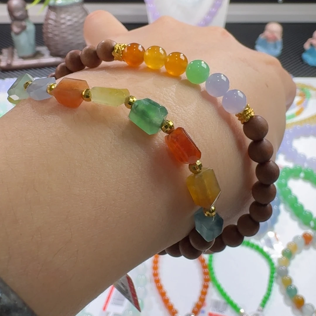 翡翠手链未镶嵌彩虹糖果双圈手串卡6-7 艳丽！强推！