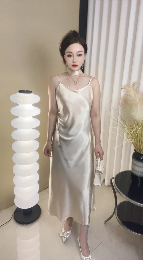 【肩带可调+配飘带】流光缎面鱼尾裙轻奢高级设计感气质显瘦连衣裙