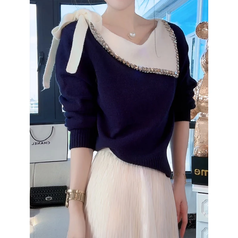 重工轻奢设计感撞色绑带针织衫女2025秋冬新款一字肩毛衣斜领上衣