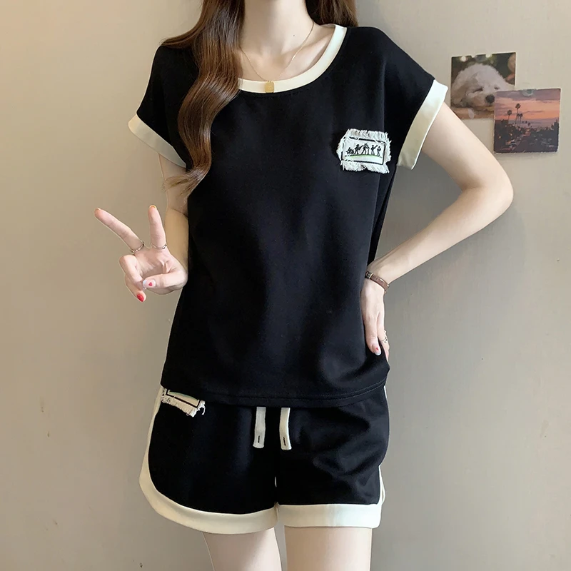 欧货黑色休闲运动套装女夏顺短袖上衣阔腿短裤宽松百搭时尚两件套