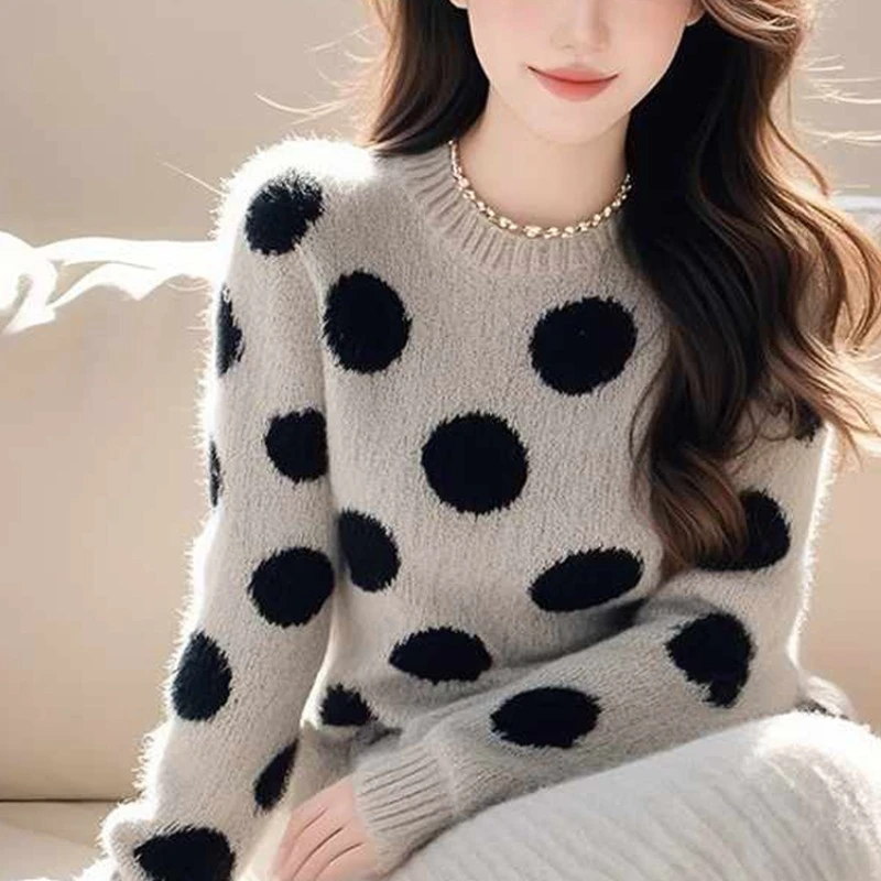 哥弟阿玛施正品长袖针织毛针织衫波点软糯针织衫薄款圆领毛衣女装