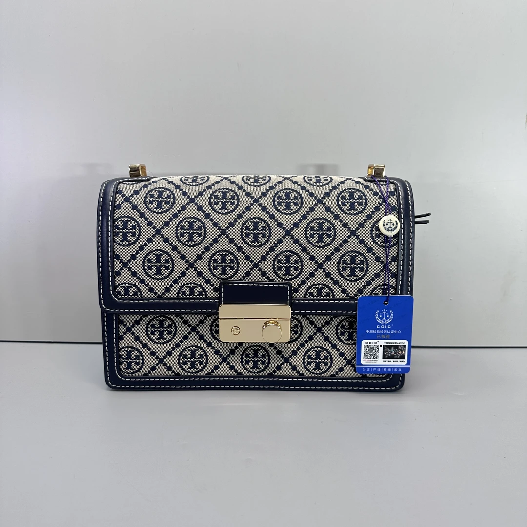 99新 TORY BURCH/汤丽柏琦 蓝色老花风琴包23x15x8cmSM012106