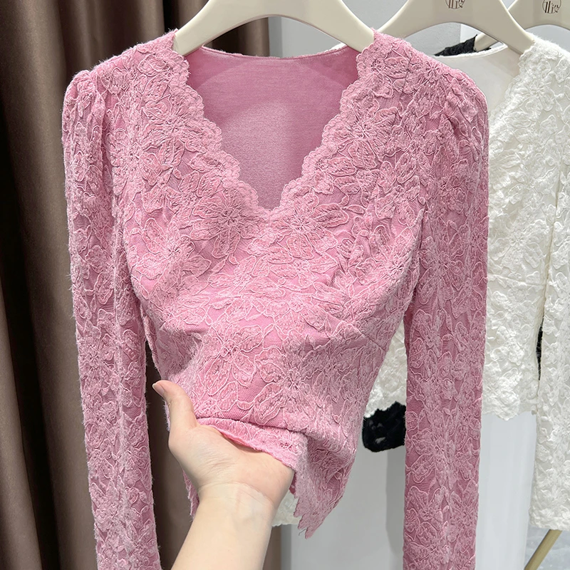 甜辣粉色花边v领小衫女新款高级感穿搭钩花设计套头蕾丝长袖上衣