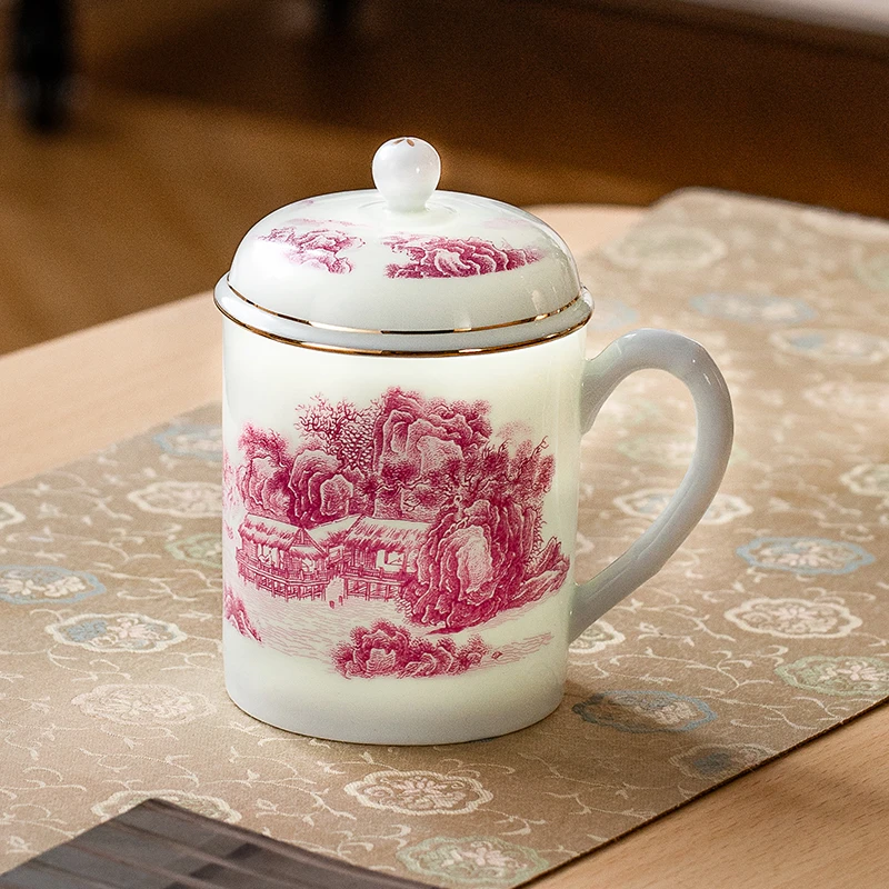 景德镇釉下彩陶瓷茶杯茶水分离杯子家用青花玲珑办公室大容量水杯