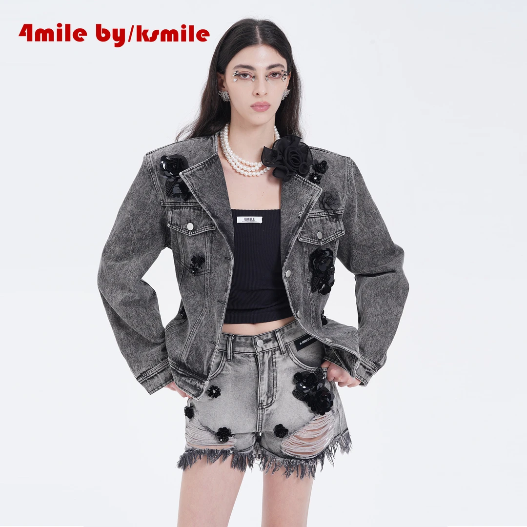 4MILE BY KSMILE | 复古浪潮珠片花朵翻领牛仔上衣修身女夹克