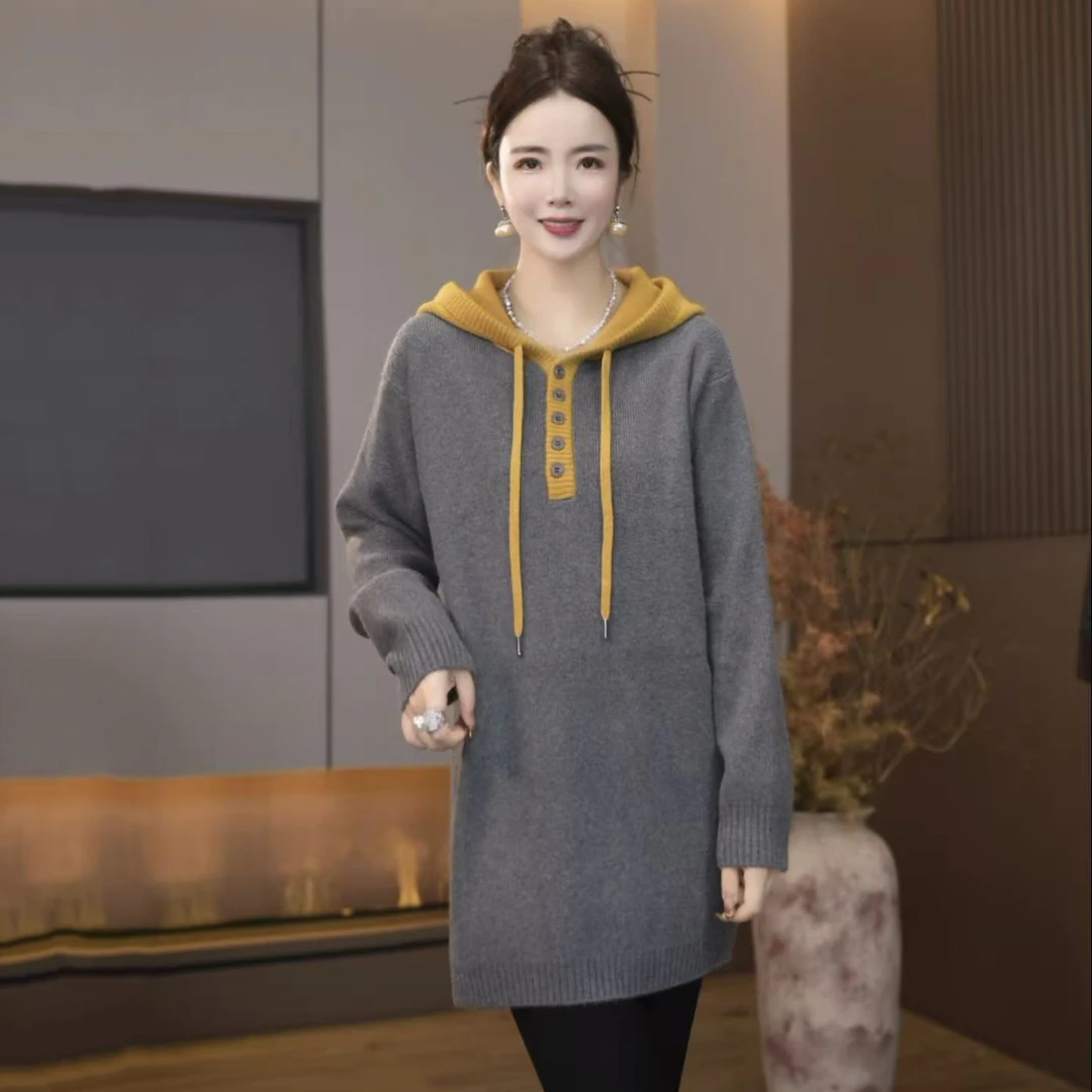 A-211231秋冬新款欧货针织宽松连帽中长款慵懒毛衣外搭女装