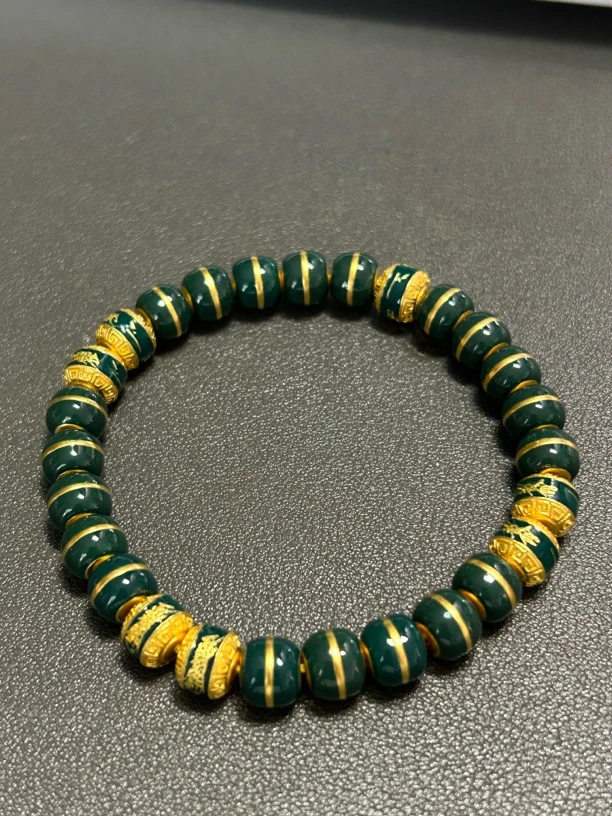 深圳水贝 足金 卡8珐琅彩地狱绿赵公明汉堡珠手串