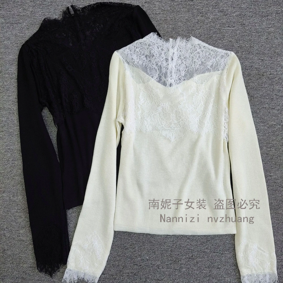 南妮子女装严选毛针织衫修身型保暖长袖镂空蕾丝打底衫ML24901-1