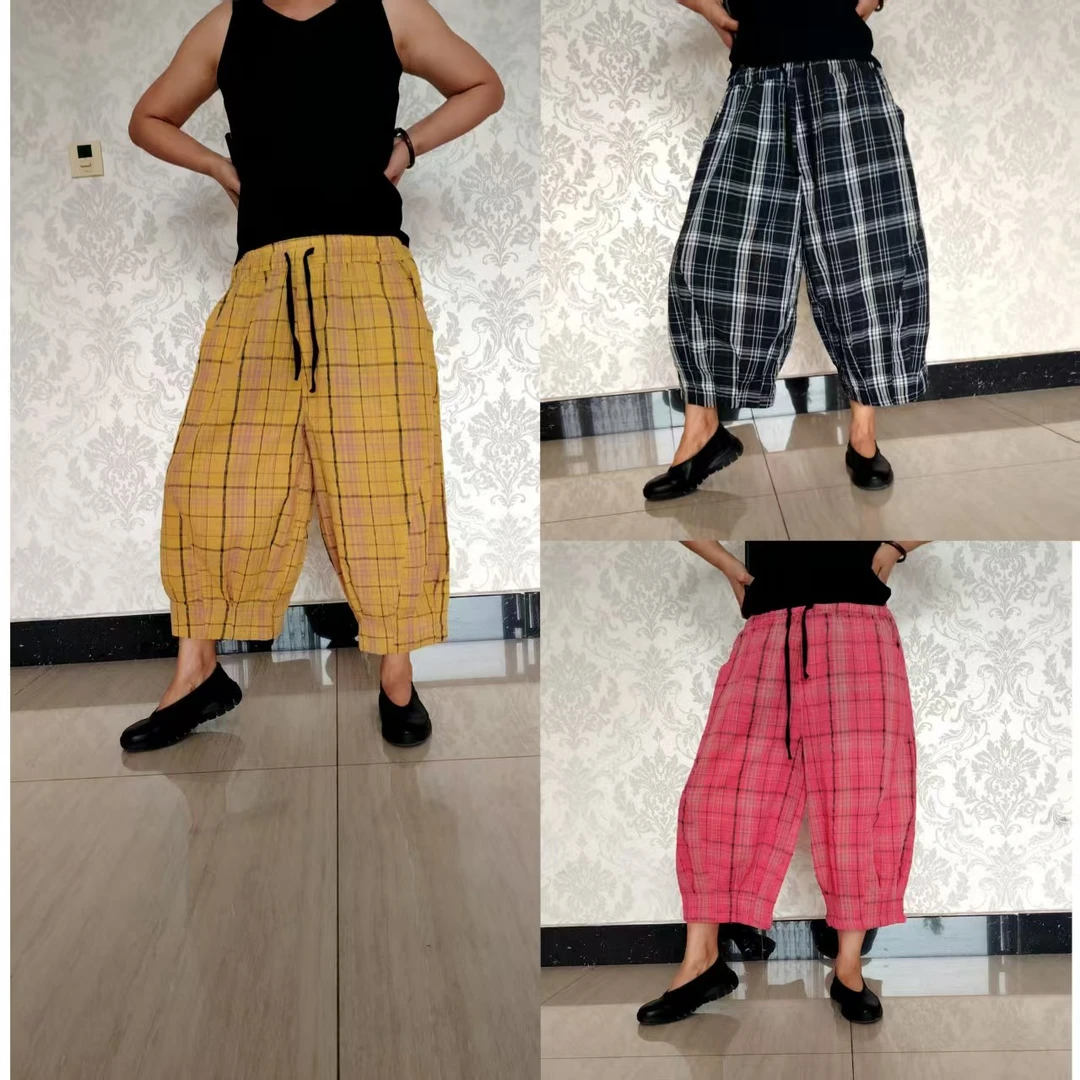 夏款薄款宽松休闲莱赛尔格子麻纱八分裤