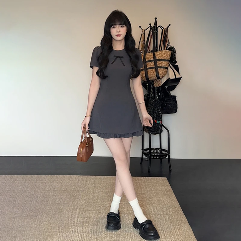 法式学院风灰色蝴蝶结连衣裙子女夏季2025新款小个子气质绝美短裙