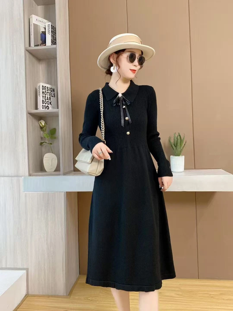 2025高腰秋冬气质名媛/小香风连衣裙长袖黑色毛衣裙