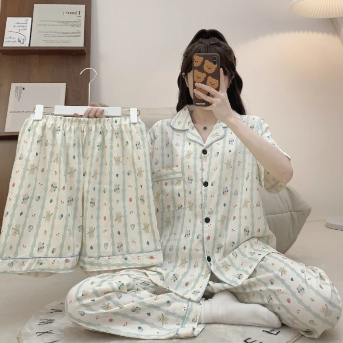 【森林小熊】新款睡衣简约宽松夏季短袖短裤长裤家居服女韩版三件套