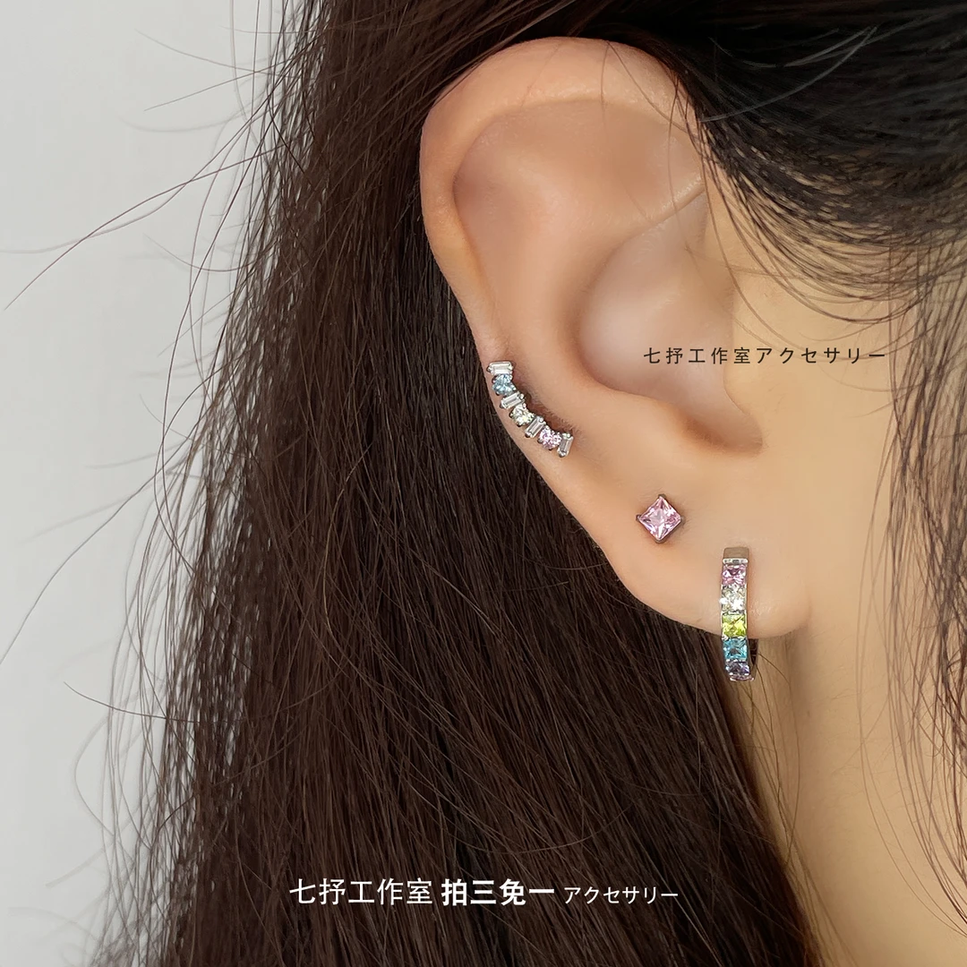 钛合金合成锆石耳饰 钛合金耳钉耳骨钉男女养耳洞爆闪马卡龙绝美