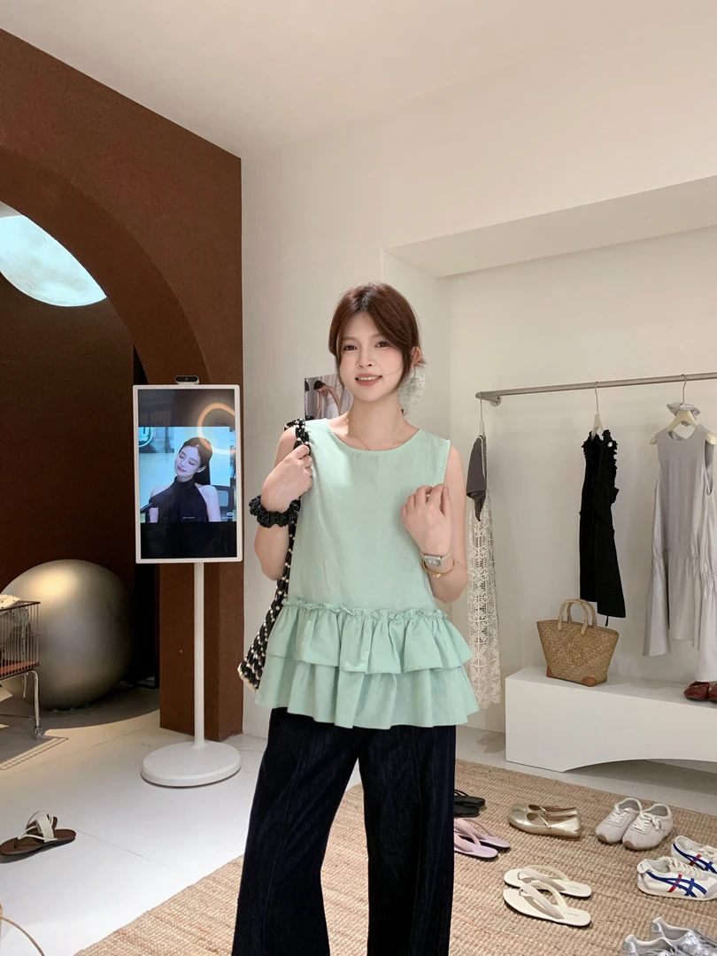 漫姐的店【薄荷奶糖】拼接木耳边无袖小衫背心25夏韩版减龄百搭上衣