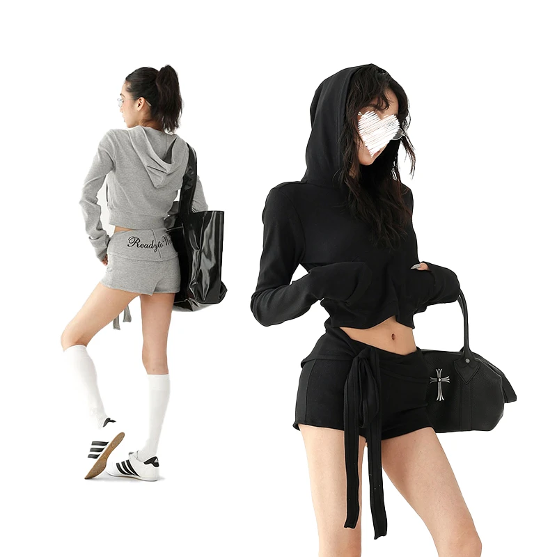 早秋新款两色套装美式辣妹短款连帽上衣+设计感绑绳修身短裤女