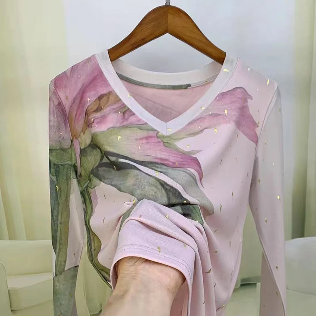 2025早春新款网纱长袖上衣女圆领t恤漂亮时尚修身洋气A2088