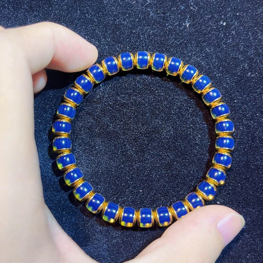 蓝珀银S925镀金镶嵌珠宝奇石7mm