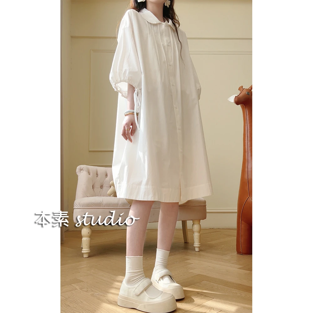 乖乖女C4134风琴褶袖管系带全开扣翻领短袖连衣裙