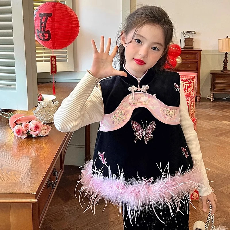 栀了成长记童装女童立领新中式夹棉马甲冬装儿童丝绒国风貂毛背心