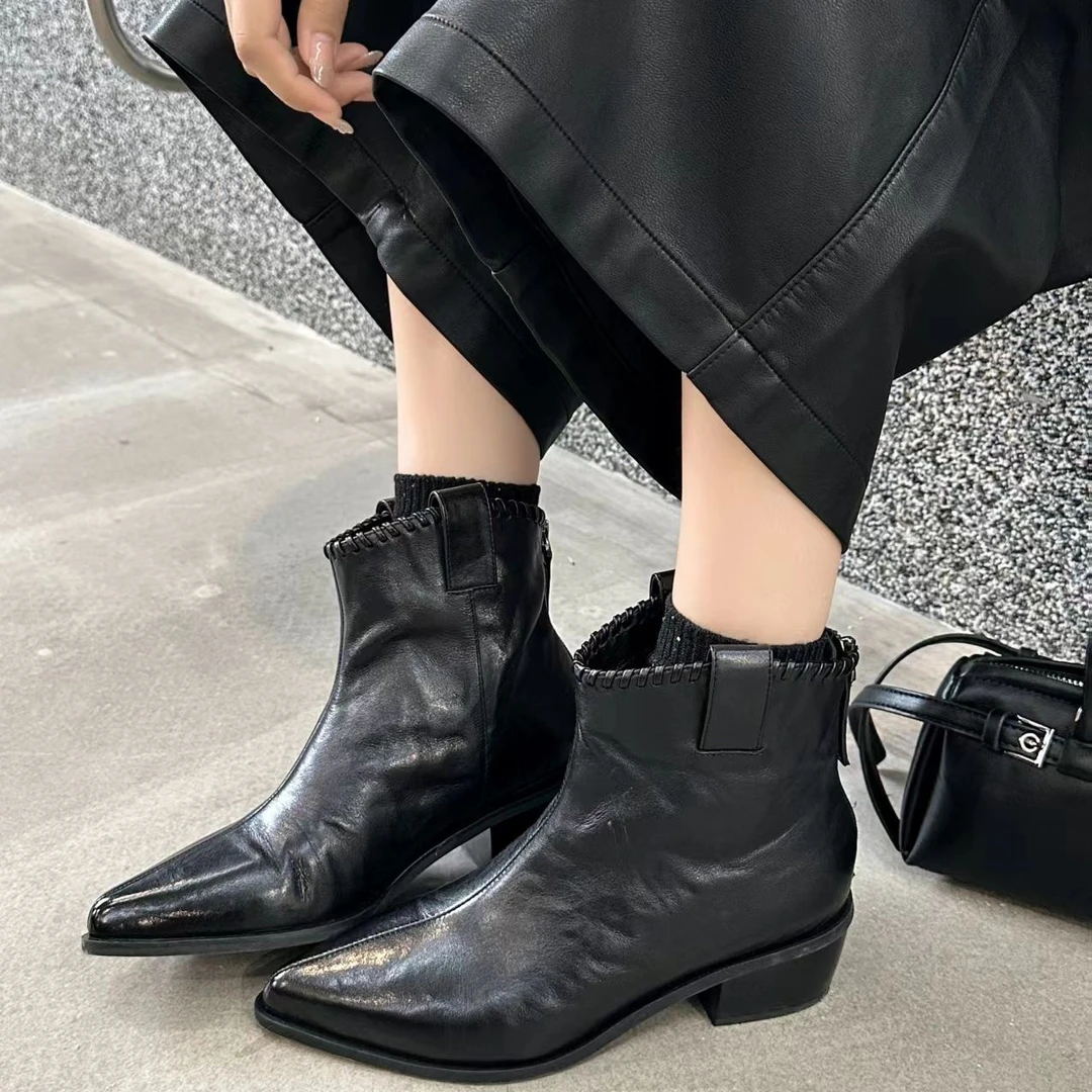 手抓牛皮尖头短靴切尔西(单面绒和厚短绒两种，瘦脚往小一码拍)