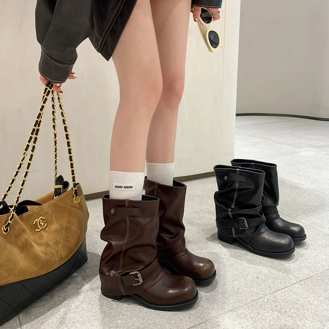 「稳叔」梨花叙【增高4cm】时装靴筒靴英伦风中筒短筒秋时尚百搭女靴