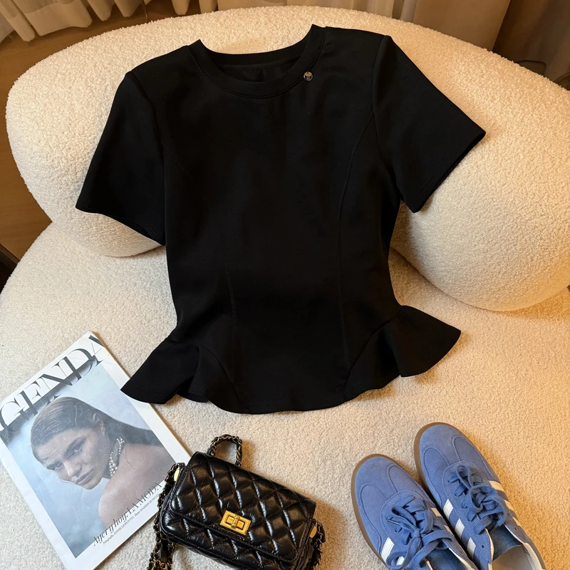 3833【寻梦】诗诗家2025春夏短袖设计感气质显瘦复古小众简约T恤