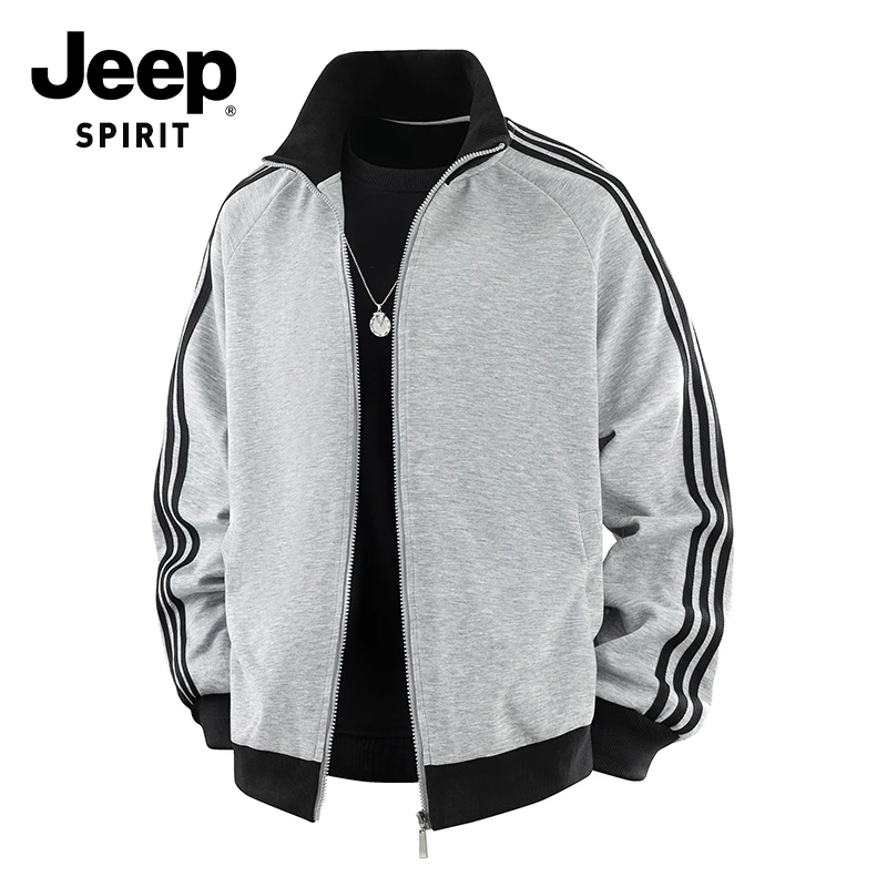 JEEPSPIRIT吉普新款开衫卫衣男士秋季潮牌三条杠立领男装休闲夹克