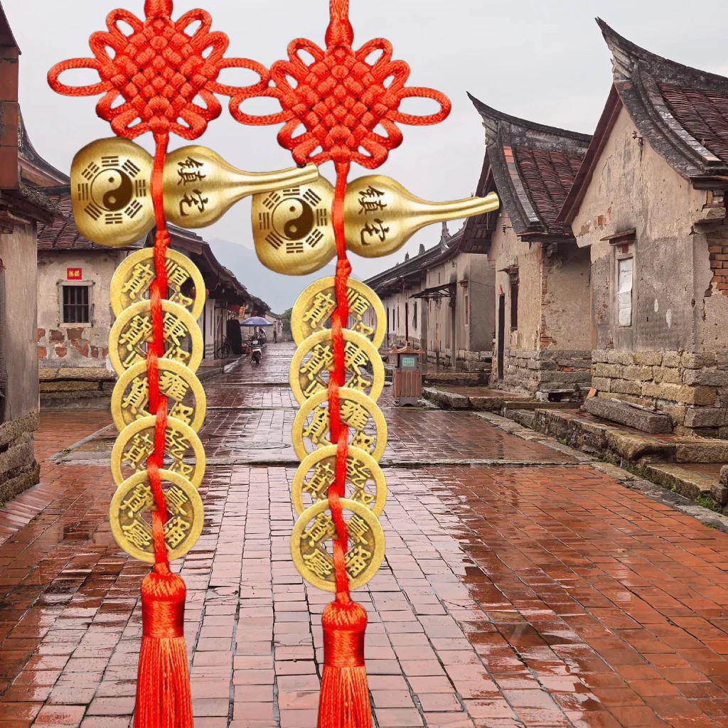 五帝钱双面刻字刻图铜葫芦吉祥结中国结挂件家用结婚玄关挂饰摆设