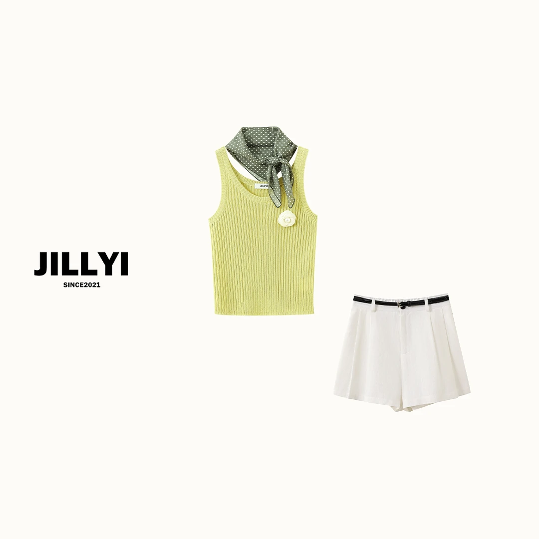 JILLYI南山店【海草绿】+【纯白百合】绿色小花针织背心+白色休闲短裤