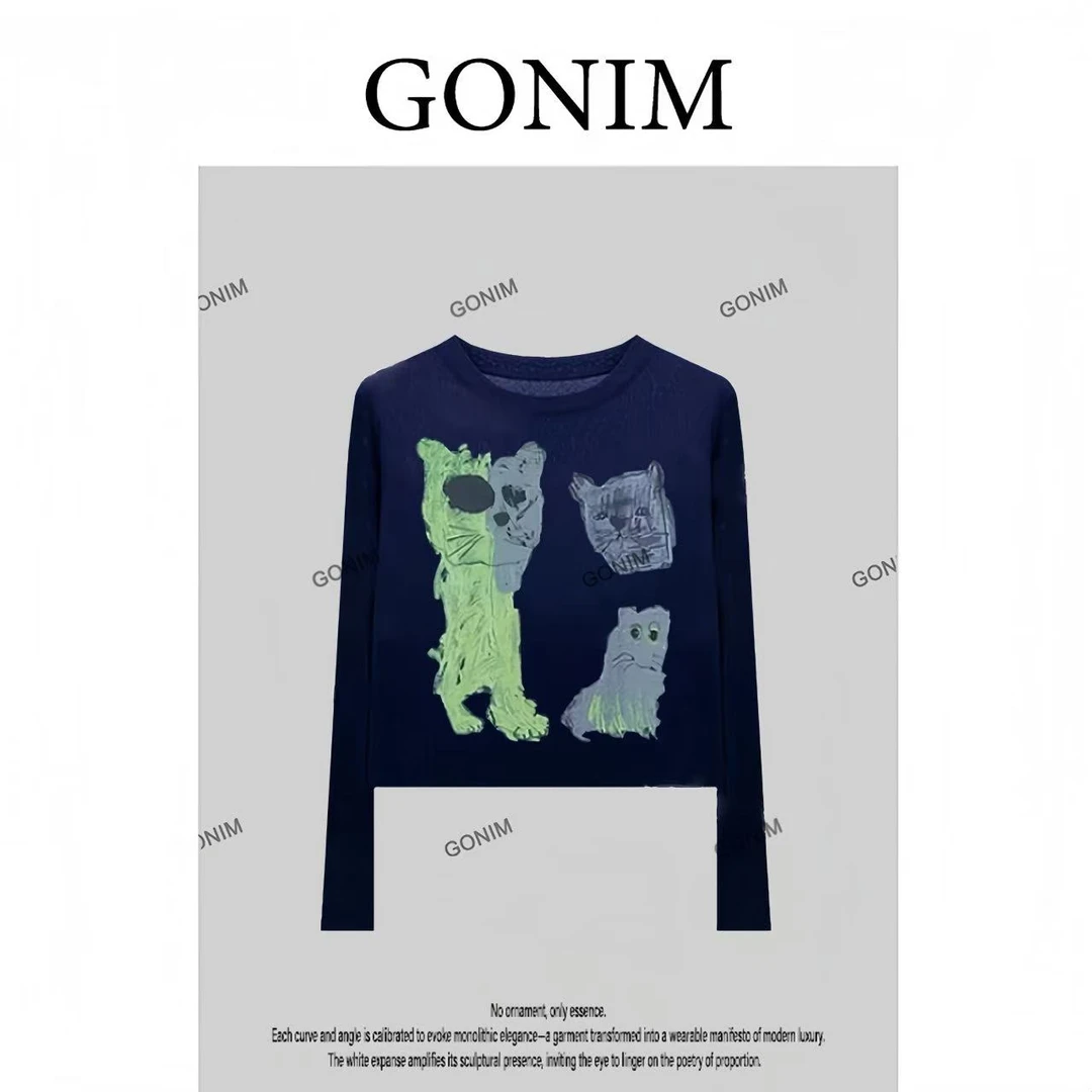 Gonim· "潦草小猫"2025春夏款印花长袖时尚宽松显瘦百搭防晒T恤女