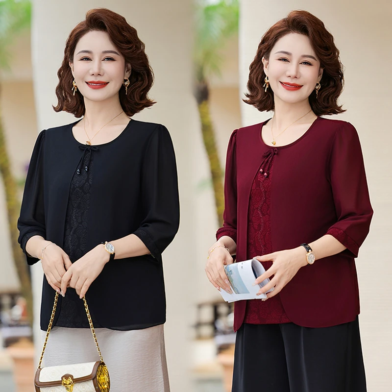 春季新款中老年女装妈妈装假两件大码中式夏装衬衫时尚百搭打底衫