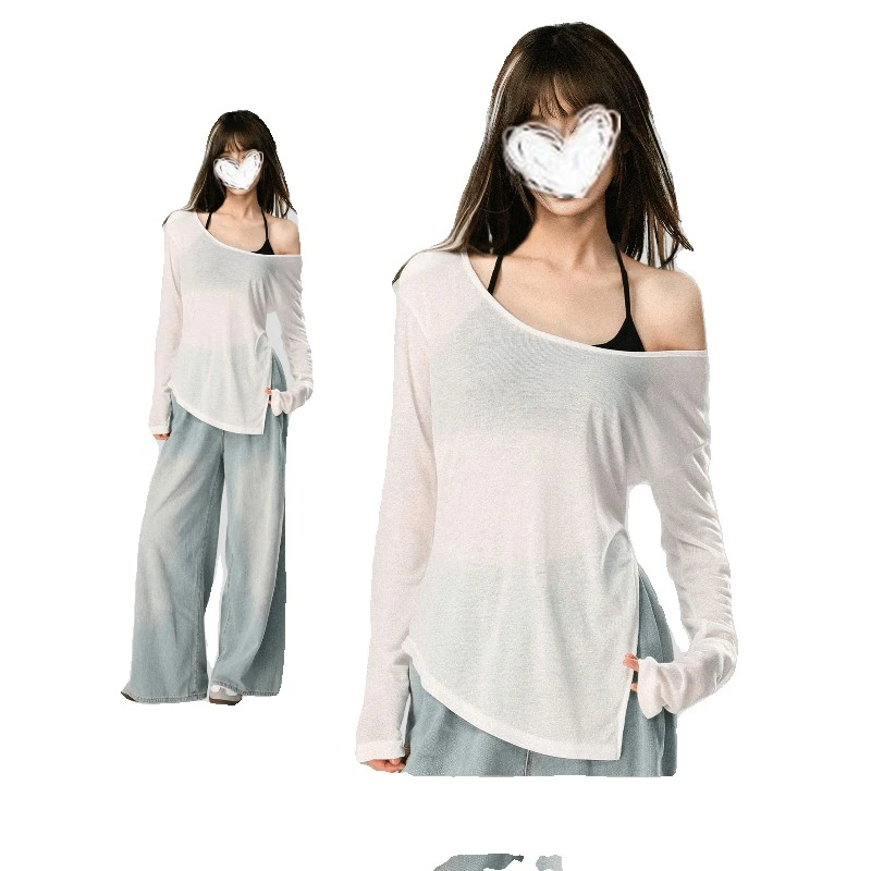 不规则防晒罩衫女夏季辣妹露肩薄款外搭长袖t恤露肩开叉宽松上衣