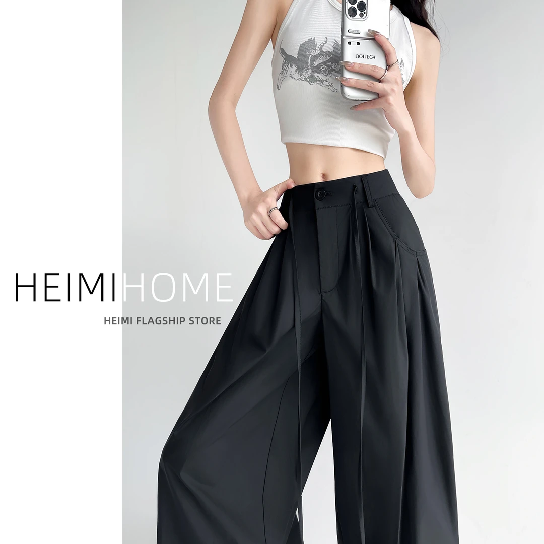 工装风黑色速干休闲裤女夏季薄款宽松直筒裤设计感抽绳拖地阔腿裤