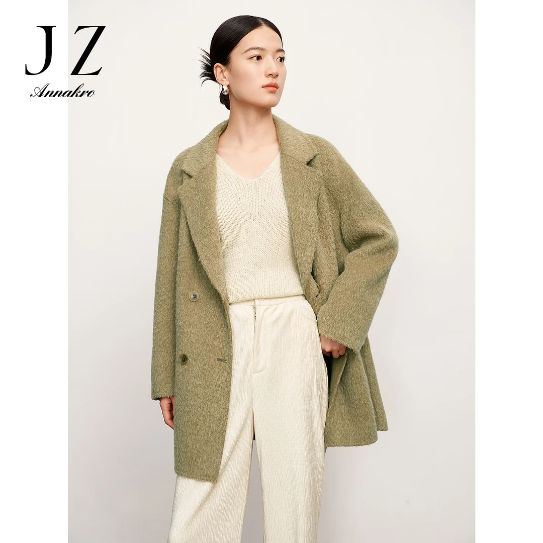 【安雅专属】玖姿安娜蔻JTDD72202复古驳领落肩中长大衣女冬
