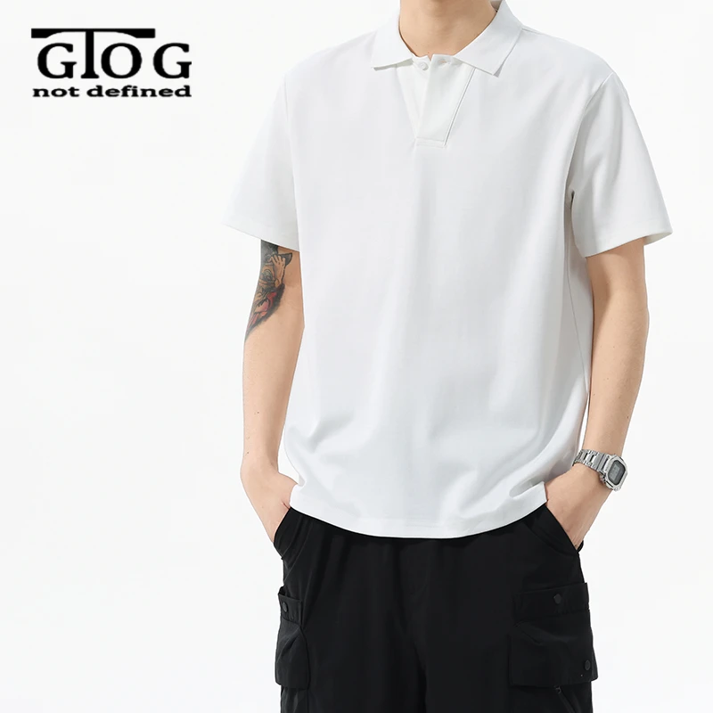 GTOG【纯色复古】春季新款美式简约短袖POLO衫翻领T恤男士白色t恤