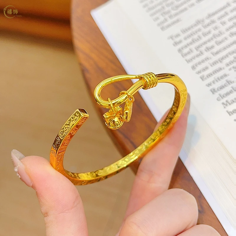 合金手镯 新中式古法吉言铃铛福字手镯复古实心如意开口小众百搭