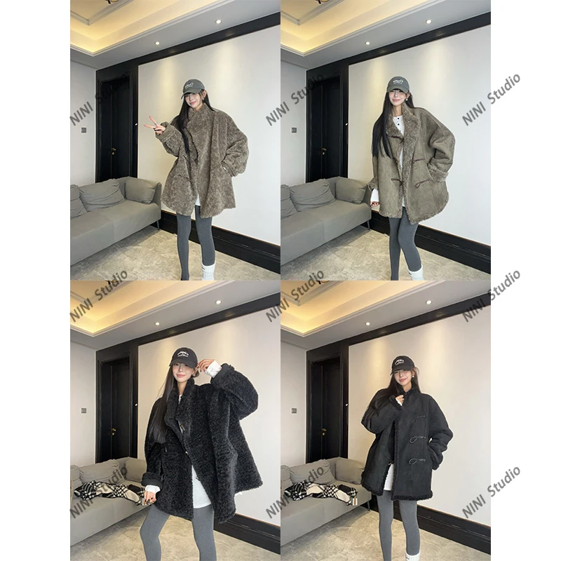 《冬日诺丁山》 双面穿仿羊羔毛麂皮牛角扣外套女皮毛一体上衣