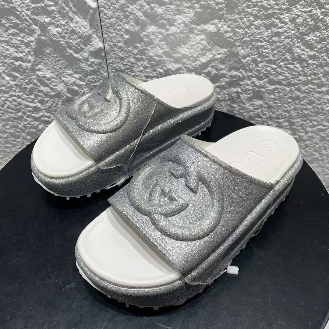 99新 GUCCI/古驰 38码/Seven女鞋/无配件/银色大logo厚底半拖 886