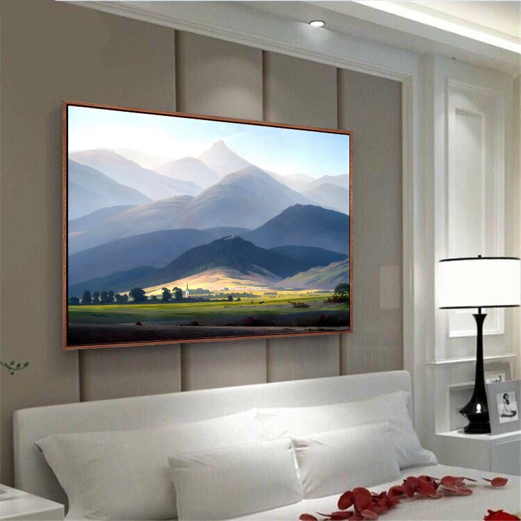 弗里德里希《巨人山》版画 餐厅客厅玄关装饰画实木框挂画背景墙