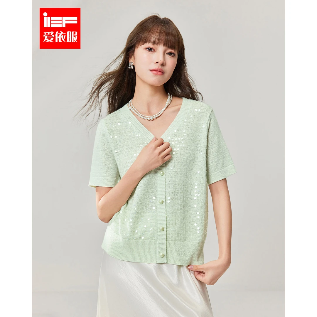 IEF/爱依服2025春夏新款韩版成熟优雅气质通勤百搭V领毛织上衣