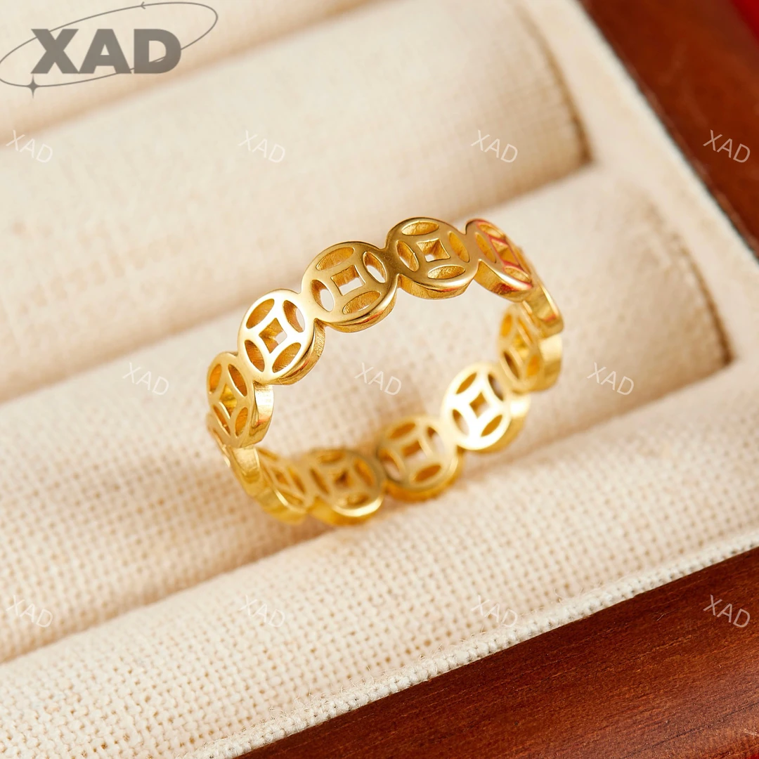 钛钢戒指 钱多多轻奢男女款金色铜钱戒指不掉色小众钱币情侣指环