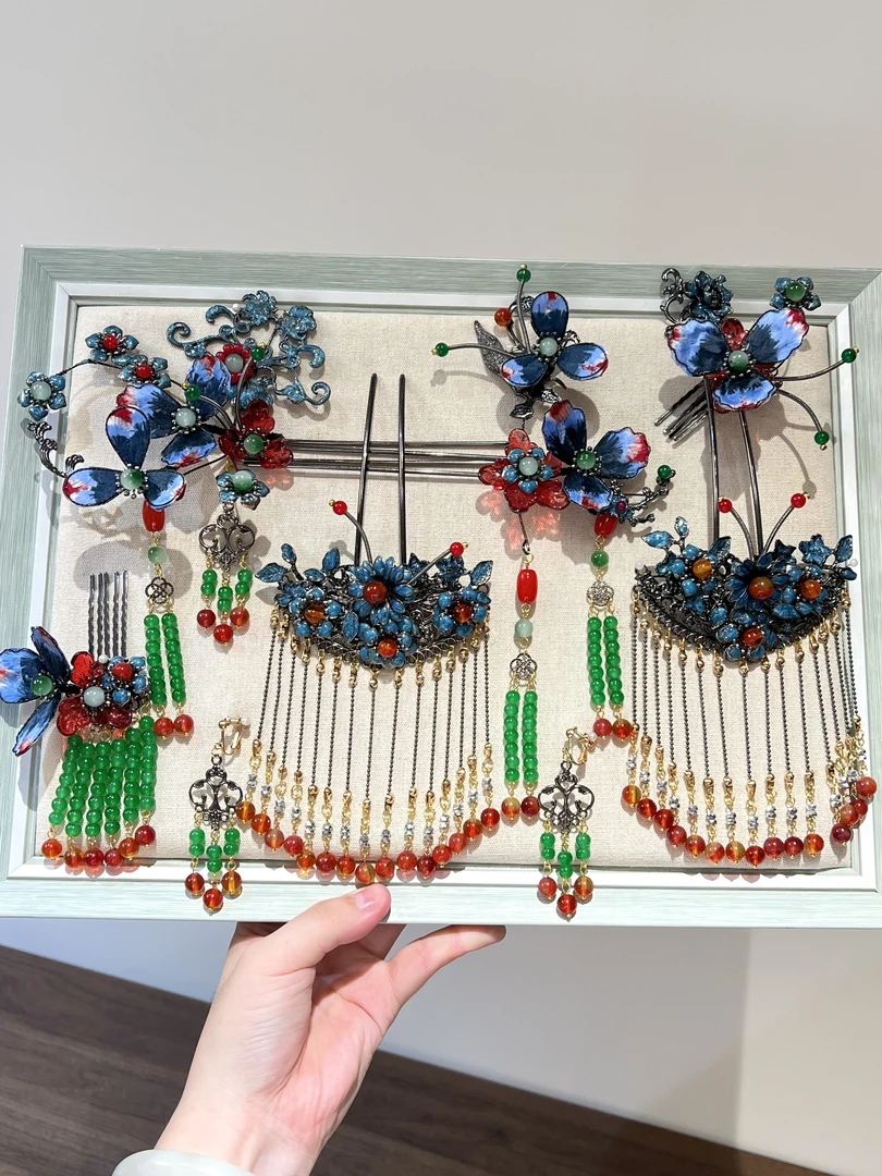 金钻新娘小众红蓝秀禾头饰发簪步摇新娘结婚龙凤褂晨袍新中式发饰