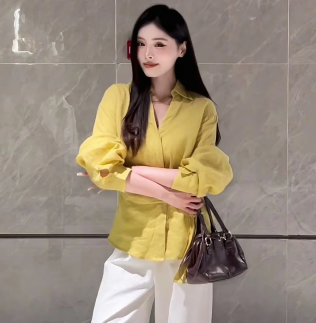 纯棉长袖V领系带常规夏季衬衫网红显瘦休闲衬衣2522#