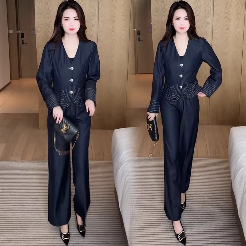 时尚牛仔套装女2025春季新款洋气小个子短外套阔腿裤减龄两件套潮