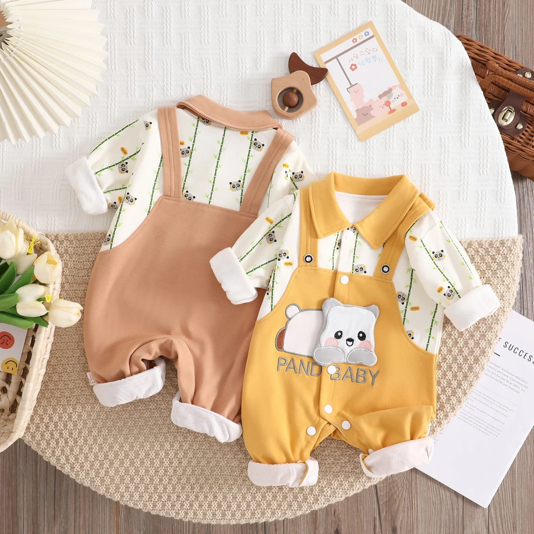 小熊猫长袖休闲春秋女宝无袖男韩版卡通爬服洋气哈衣A类